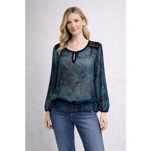 Lily Rose Green Floral Sheer Blouse M Y2K Boho Romantic Lace Trim Peasant Top